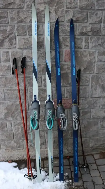 2 cross country ski sets skis waxless 215 cm 195 cm boots US 10, View more
