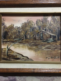 [SOLD] Original oil painting of waterfront cabin in woods