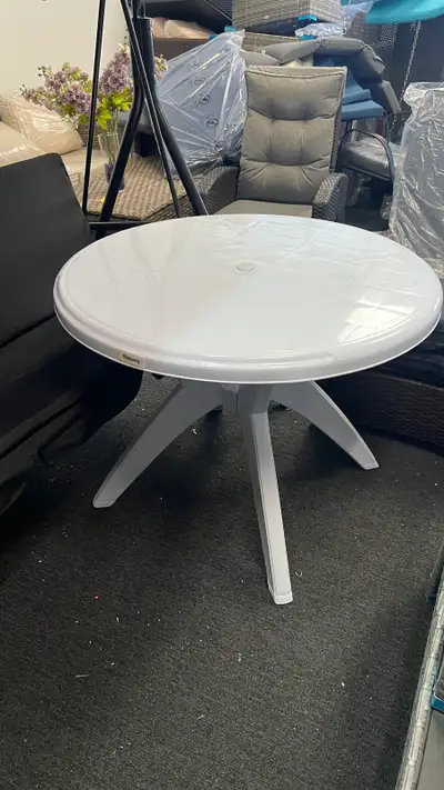Patio Dining Table with Umbrella Hole Round Outdoor Bistro Table for Garden Lawn Backyard, White Fea...