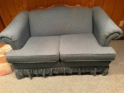 REDUCED 2 Seater Loveseat Denim Blue Color Oak wood accent along back Measures: 61” wide Seat height...