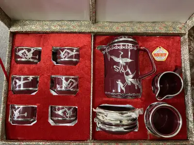 YIXING, YANTAI TIN CRANE BIRDS INLAY CERAMIC TEA SET  - RARE, View more