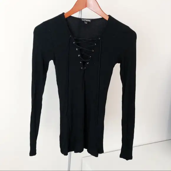 NWOT - Express - (Size XS) Black Ribbed Long Sleeved Lace Up Top