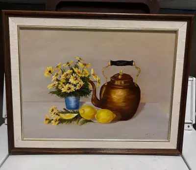 This is a lovely vintage framed painting, showcasing a still life of a copper teapot, lemons, and a...