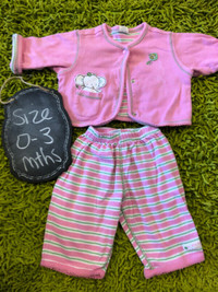 Cute girls pink elephant jacket and pant outfit set - 0-3 mths