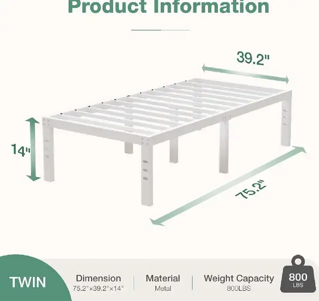 Brand New in Box 14” Twin Metal Bed Frame, White in Beds & Mattresses in City of Toronto - Image 3