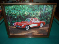 Vintage Framed Corvette Picture with Working Clock ! nice shape!