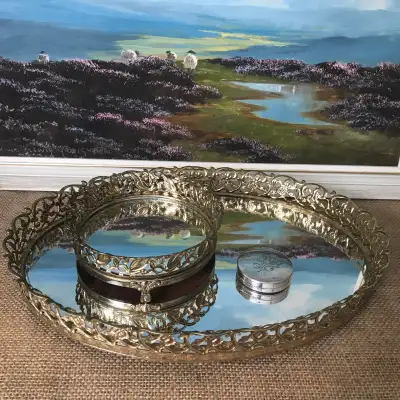 $ in Ad Vintage Mirror Vanity Trays Gold Tone Filigree , View more