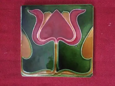 English Art Nouveau/ Arts & Crafts Glazed Tulip Tile, c. 1900, View more