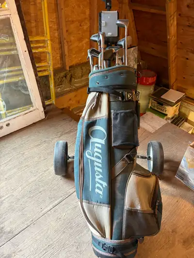 Golf clubs with bag and pull cart, View more