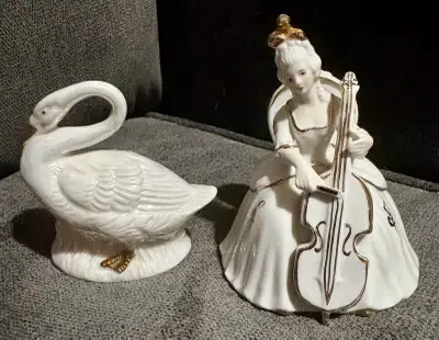 2 Vintage Porcelain Swan & Victorian Lady Figurines, View more