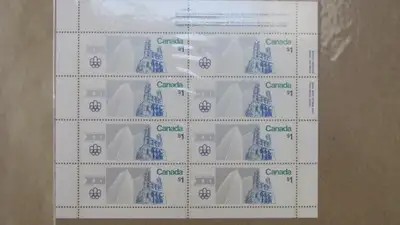 Canada Stamps #687. 1976 Olympics $1 stamp, pane of 8. Sealed with inscriptions, Mint - Very Fine -...