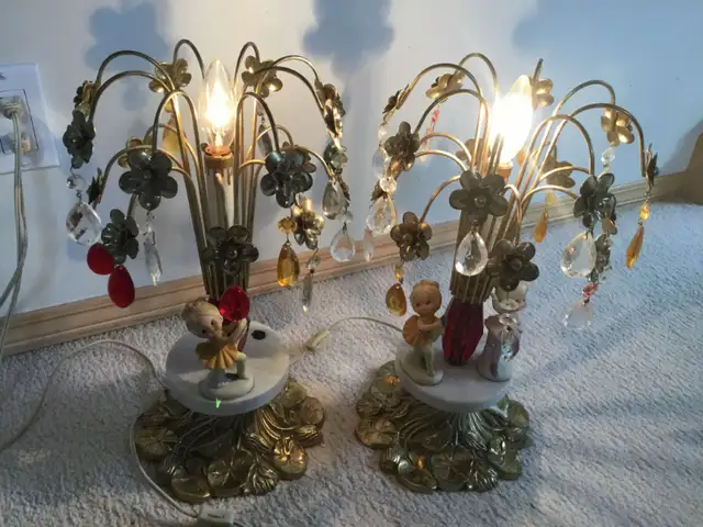 (2) VINTAGE TEAR-DROP CRYSTAL WATERFALL LAMPS WITH MARBLE/ BRASS62854391835522122