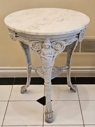 VTG VICTORIAN WHITE PAINTED CAST IRON PUB TABLE WITH MARBL TOP, View more