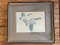 Vintage Watercolour Print Pair Canada Geese With Wooden Frame