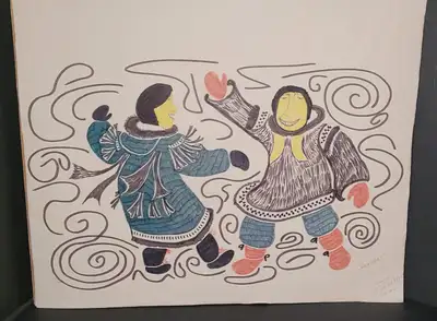 Rare Original untitled felt tip pen and pencil on paper artwork by Canadian Inuit artist Agnes Nanog...