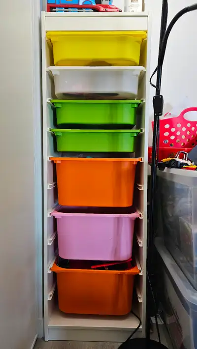 "TROFAST Storage combination with boxes, white/white, 46x30x145cm ($119 + tax + buckets) https://www...