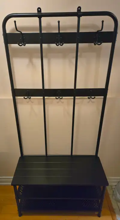 Black Coat Rack with Bench and Shelves, View more