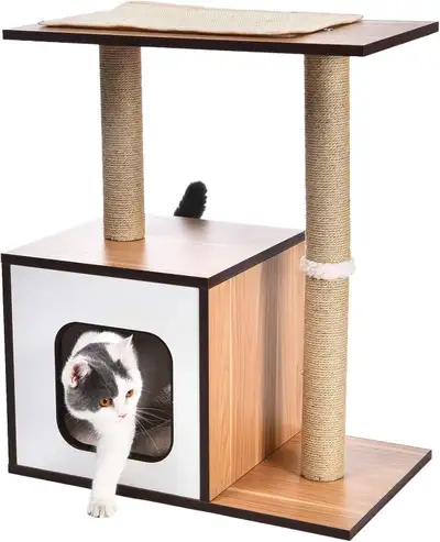 - new in box: Amazon Basics Dual Scratching Post Wooden Cat Tree -Product Dimensions : 61L x 38.1W x...