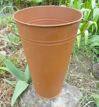 LIKE NEW !   2 FRENCH METAL FLOWER BUCKET VASES, View more