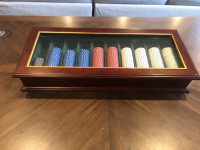 Bombay Company mahogany poker chip case w/ glass top