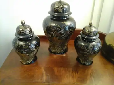 3 Tenmoku Kiku Jars. Made in Japan by Shibata Chinaware Ltd. This is a Chrysanthemums and Dragonflie...
