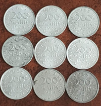 Small Collection of 9 German, 200 Mark Coins, 1923