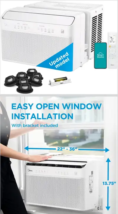 Midea 8,000 BTU U-Shaped Smart Inverter Window Air Conditioner–Cools up to 350 Sq. Ft, Ultra Quiet w...