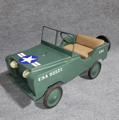 PARKER PICKERS - Older child pedal car in the form of a military jeep. Overall it is 36" long x 19"...