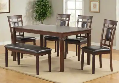Dining table with chairs and bench, View more
