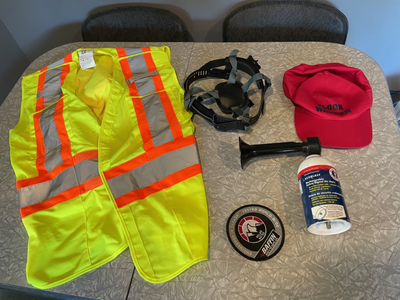 Yellow Safety vest, ball cap, helmet insert and horn, View more