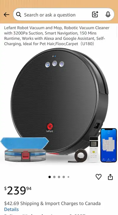 Selling a Lefant U180 robot vacuum and mop. New - Open box. It works as both a vacuum and mop, good...
