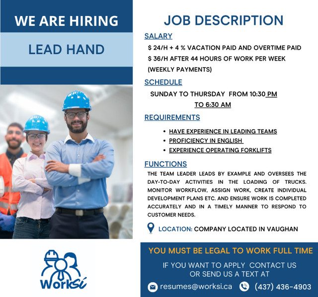 LEAD HAND VAUGHAN PERMANENT POSITION General Labour Mississauga