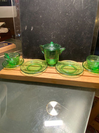 Antique Art Deco Miniature Green Glass Tea Cup And Saucer Set w/