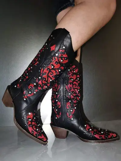 Brand new! Pickup Brampton or downtown Toronto Black leather cowboy boots with red glitter embroider...