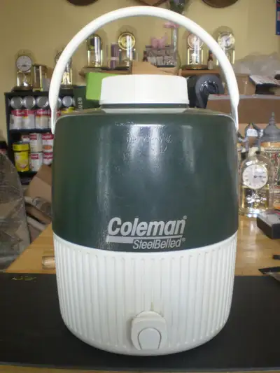COLEMAN VINTAGE 8 QUART STEEL BELTED WATER JUG-W/CUP- $30, View more