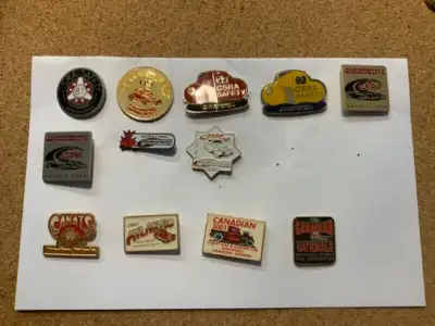 This a collection of Canadian Street Rod Assoc. Safety Pins from 1987, 89 , 92, 93 , 99,2000, 04,07....