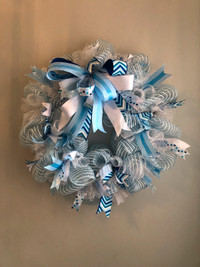Baby Boy Shower Blue Mesh Ribbon Wreath with Large Bow