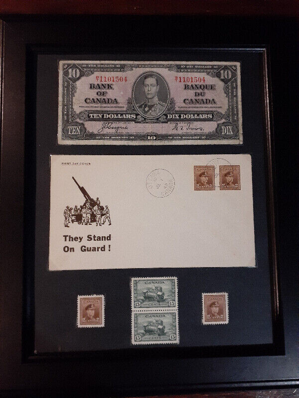 Canada 1937 coronation  ww2 and German stamps and bills framed in Arts & Collectibles in Edmonton - Image 4