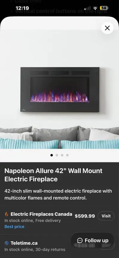 Foyer Napoleon Allure 42 po, avec télécommande et billes.