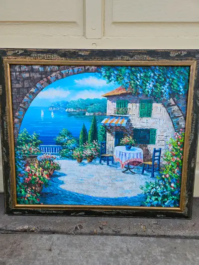 ⭐ 28" x 24" Mediterranean Coastal Scene Oil Painting - READ AD, View more