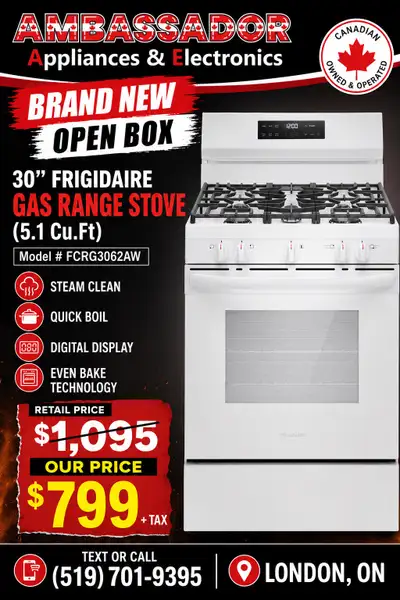NEW 30” Frigidaire GAS Range Stove (5.1 Cu.Ft) , View more
