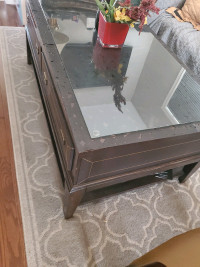 High end coffee table 27in; x 4in; with leather covered drawers