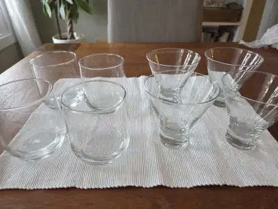 Glassware - clear stemless wine glasses and martini glasses, View more