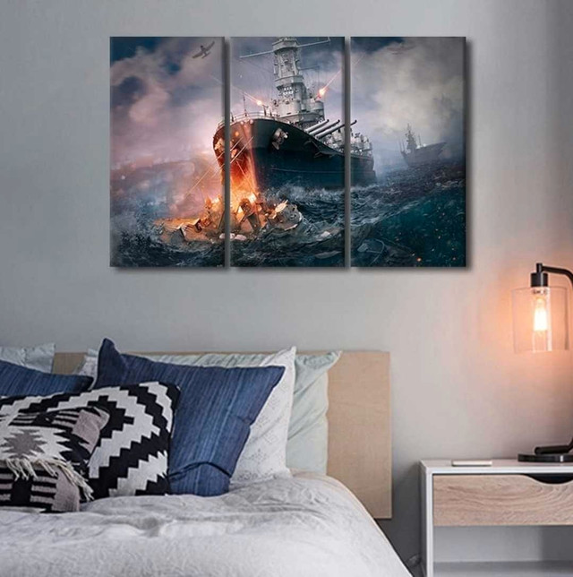 3-Panel WWII Battleship Art, Framed & Ready to Hang 36"x24" in Arts & Collectibles in City of Toronto - Image 3
