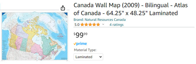 Canada Wall Map (5x4") - Bilingual - Atlas of Canada in Arts & Collectibles in Mississauga / Peel Region