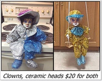 Sitting Clown - 20" tall - Porcelain Head & Swing Clown $10 each