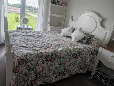 White Bed with frame and mattress; and dresser with hutch, View more