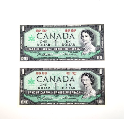 2 x 1967 Bank Of Canada Centennial $1 Dollar No Serials Like New, View more