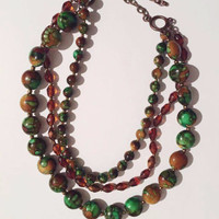 NEW - Emerald Green Brown Bead Stone Layered Women's Necklace