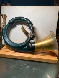 Vintage German Furst-Pless Brass Hunting Horn Green Leather Band